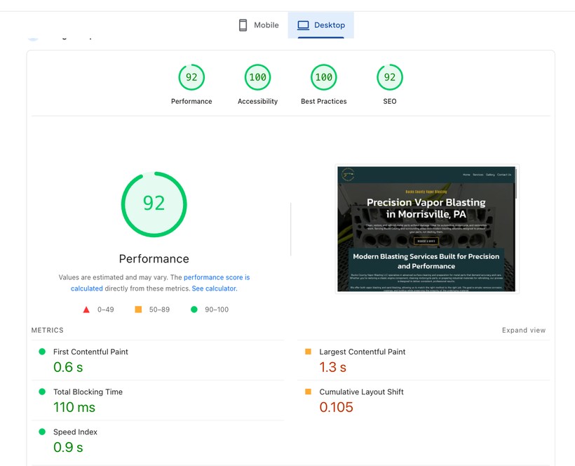 PageSpeed report: 92 performance, 100 accessibility, 100 best practices, 92 SEO